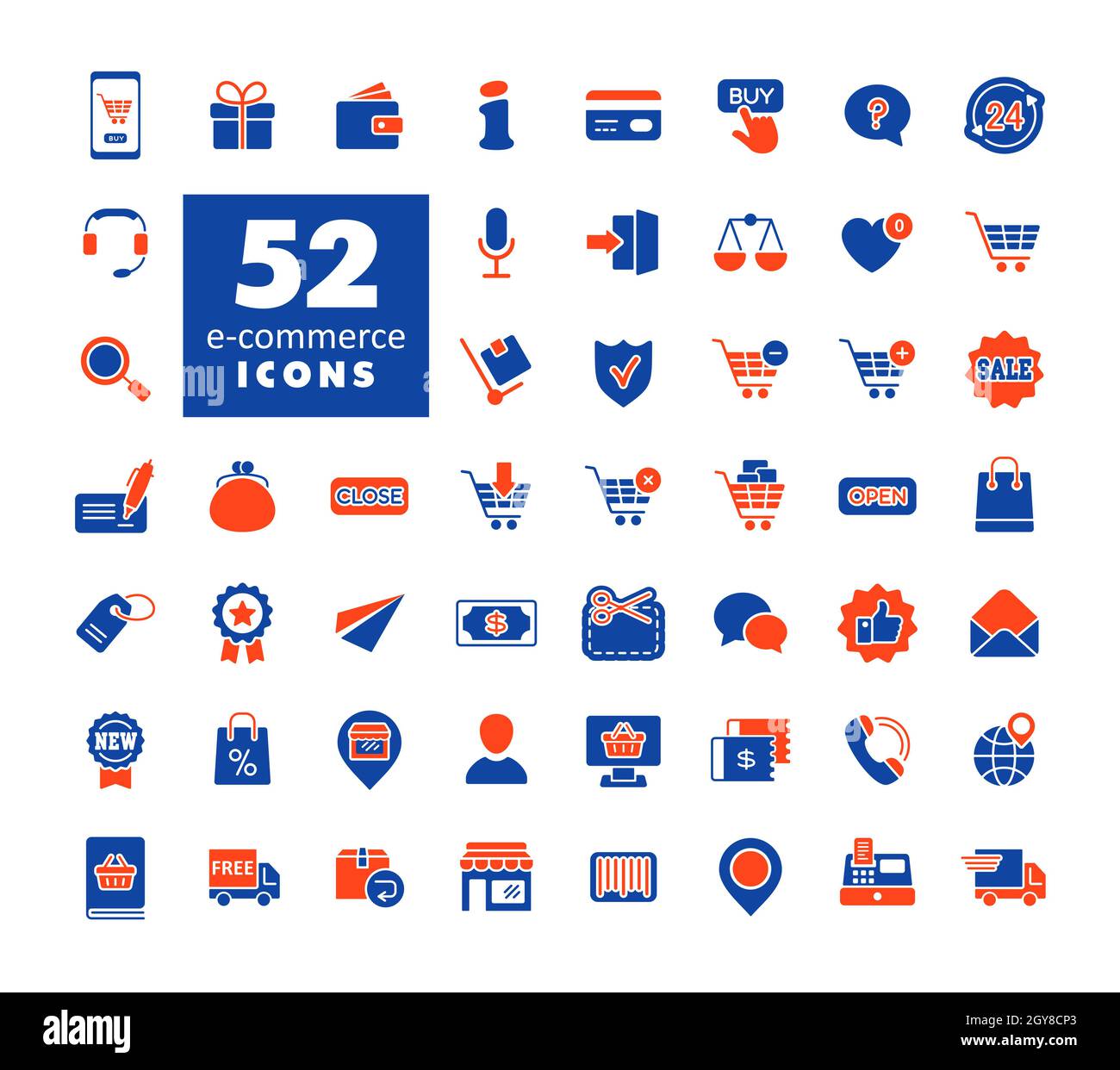 E-commerce Imposta vettore glyph icone shopping e online. Simbolo grafico per il design del sito Web, il logo, l'app, l'interfaccia utente Foto Stock