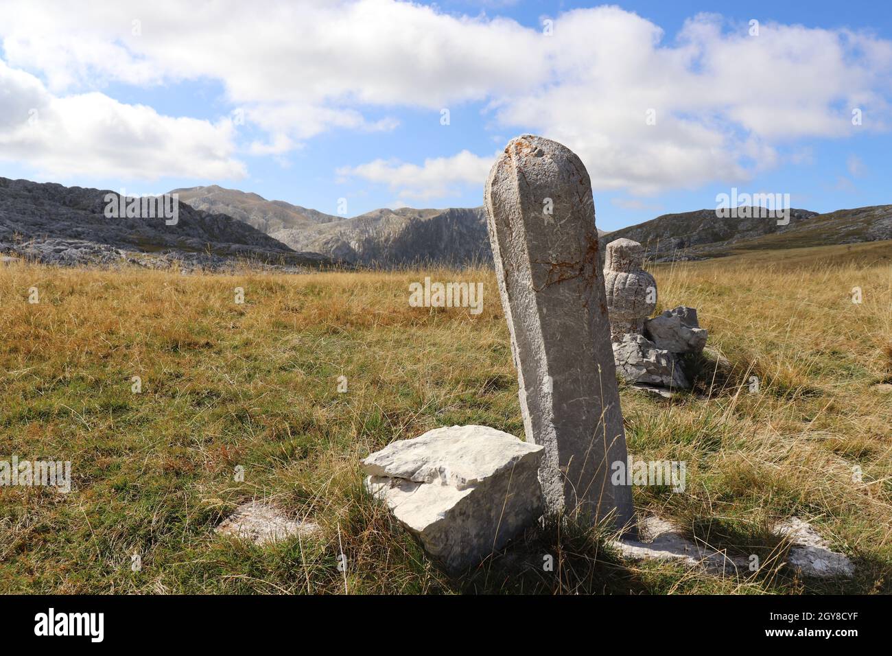 Una lapide nel mezzo delle Highlands bosniache Foto Stock