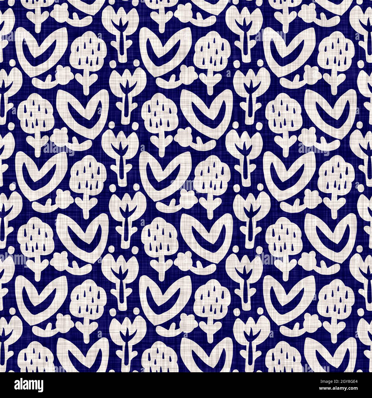 Indigo blu fiore blocco stampa tinta tessuto di lino sfondo. Campione giapponese di ripetizione batik tessuto senza cuciture. Sfocatura floreale organica afflosciata Foto Stock