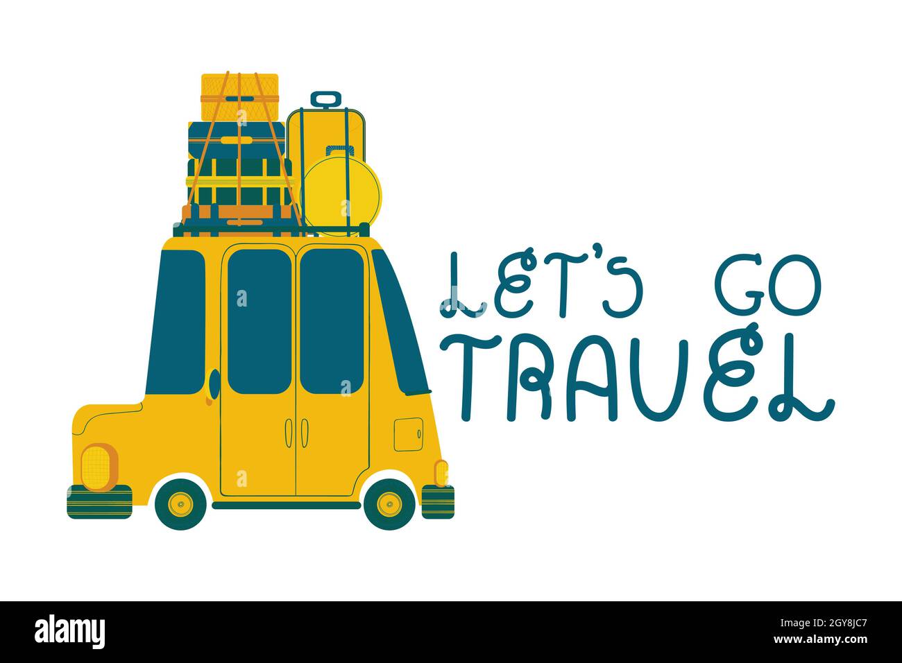 Viaggio in auto. Illustrazione vettoriale di un cartoon di auto colorata con bagaglio e slogan scritto a mano Let's Go Travel. Isolato su sfondo bianco clip art Illustrazione Vettoriale Viaggio in auto. Illustrazione vettoriale di un cartoon di auto colorata con bagaglio e slogan scritto a mano Let's Go Travel. Isolato su sfondo bianco clip art Illustrazione Vettoriale