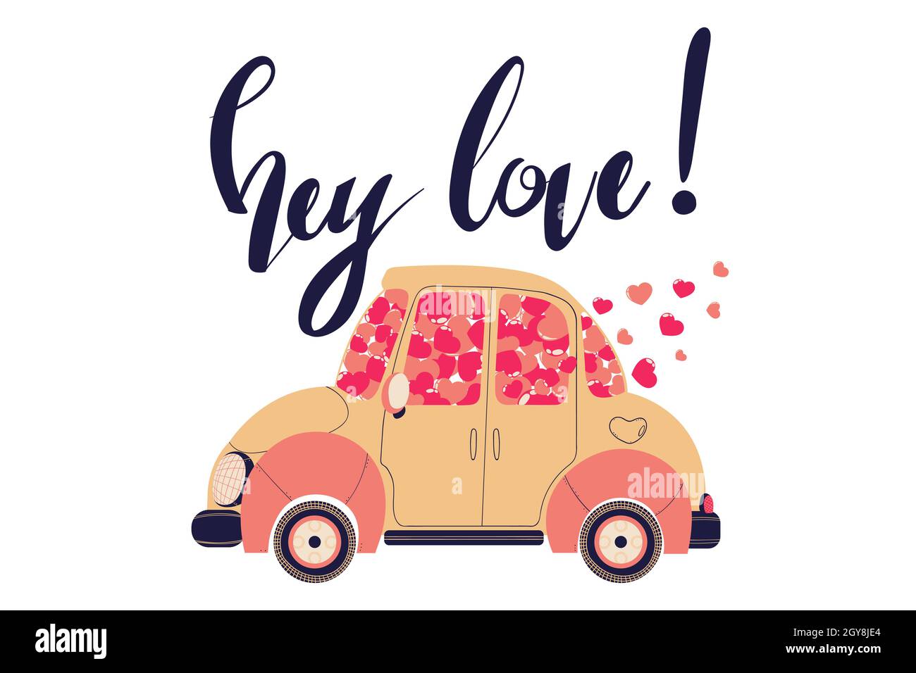 Vettore disegno a mano illustrazione di carino auto con cuori rosa e rosso e slogan hey amore per San Valentino a.. Auto colorata con i cuori volanti clip a Illustrazione Vettoriale