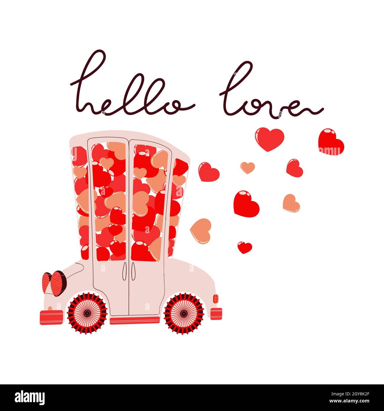 Vettore disegno a mano illustrazione di carino auto con cuori rosa e rosso e slogan Ciao Amore per San Valentino a.. Auto colorata con clip Flying Hearts Illustrazione Vettoriale