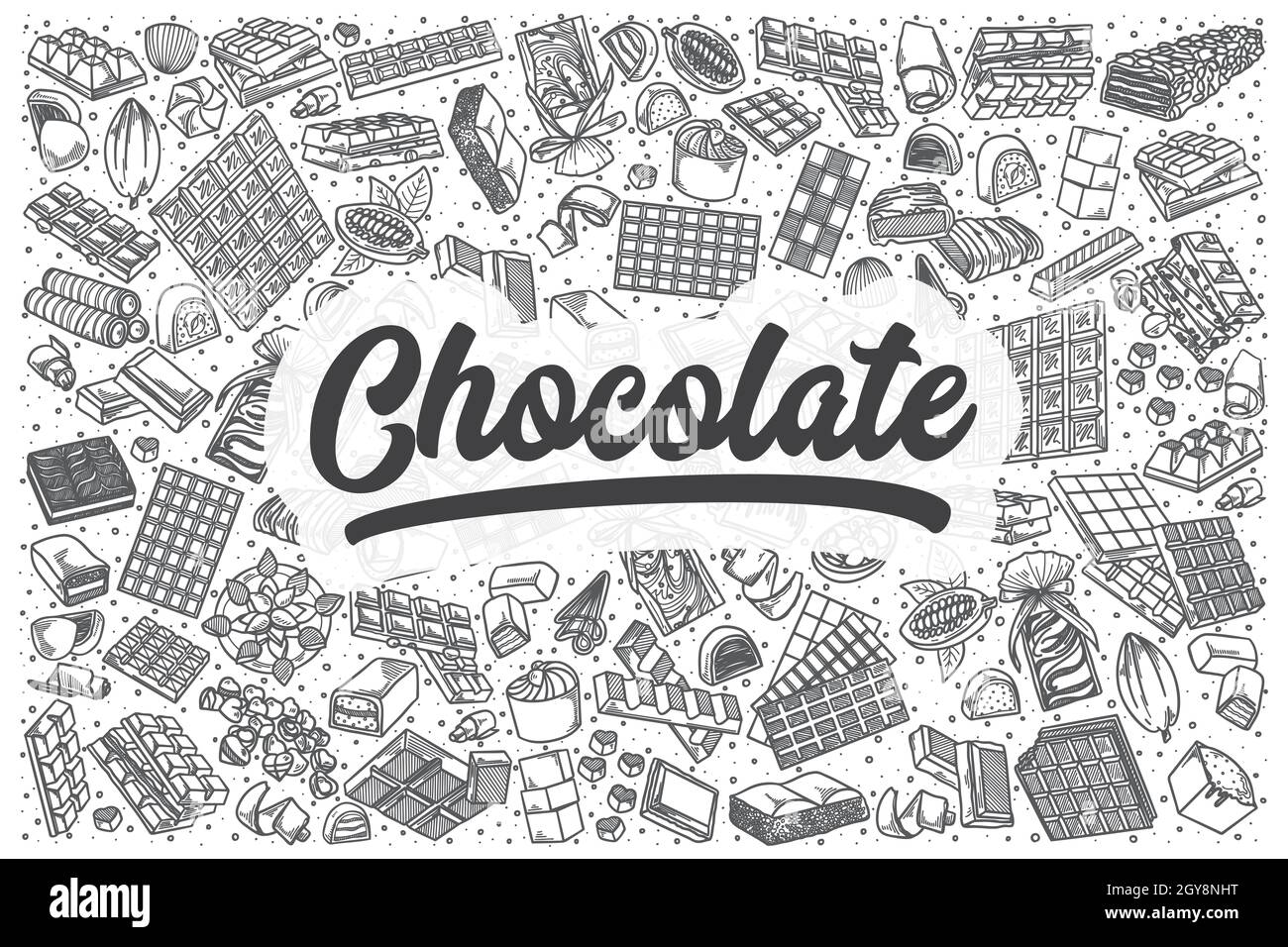 Set di doodle al cioccolato disegnate a mano. Scritta - cioccolato Foto Stock