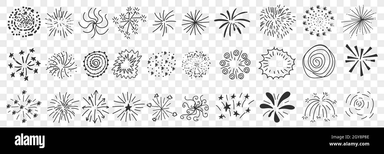 Motivi a stella e disegni di linee insieme di doodle. Collezione di disegni decorativi a mano eleganti motivi di stelle linee spruzzi flash in forme circolari Foto Stock