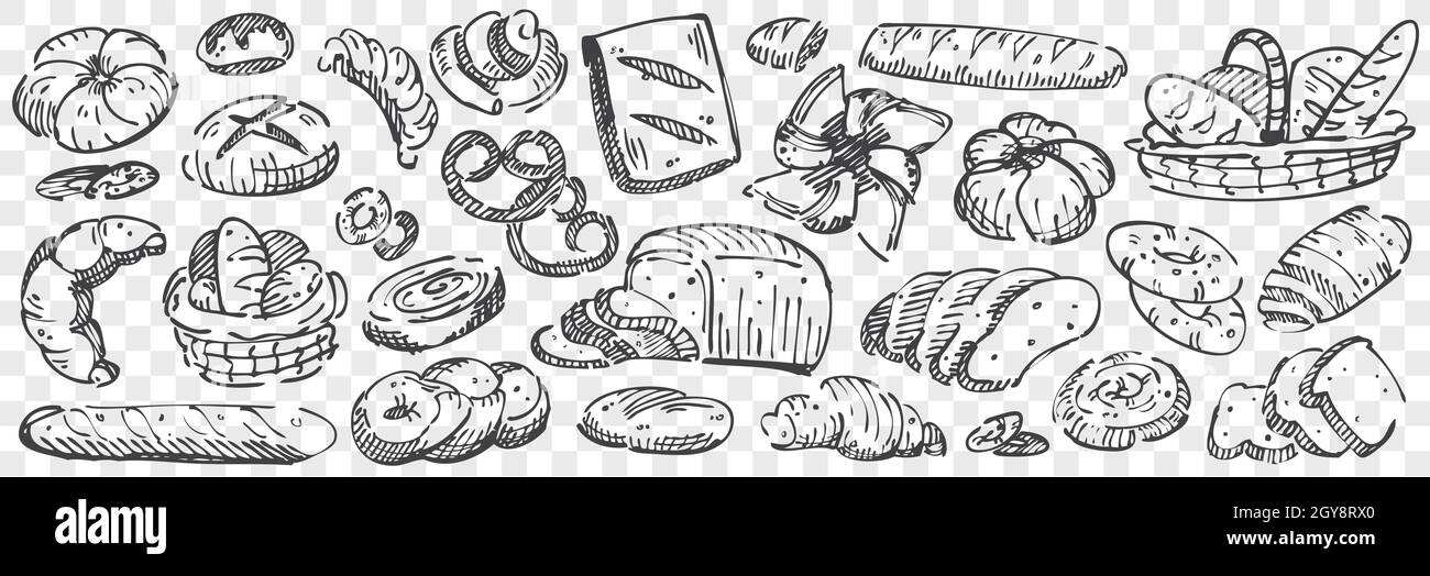 Set di tagliatelle di pane disegnate a mano. Collezione di matita gesso disegni schizzi di pagnotte toast pretzel baguette muffin panini ciambelle swiss roll su tra Foto Stock