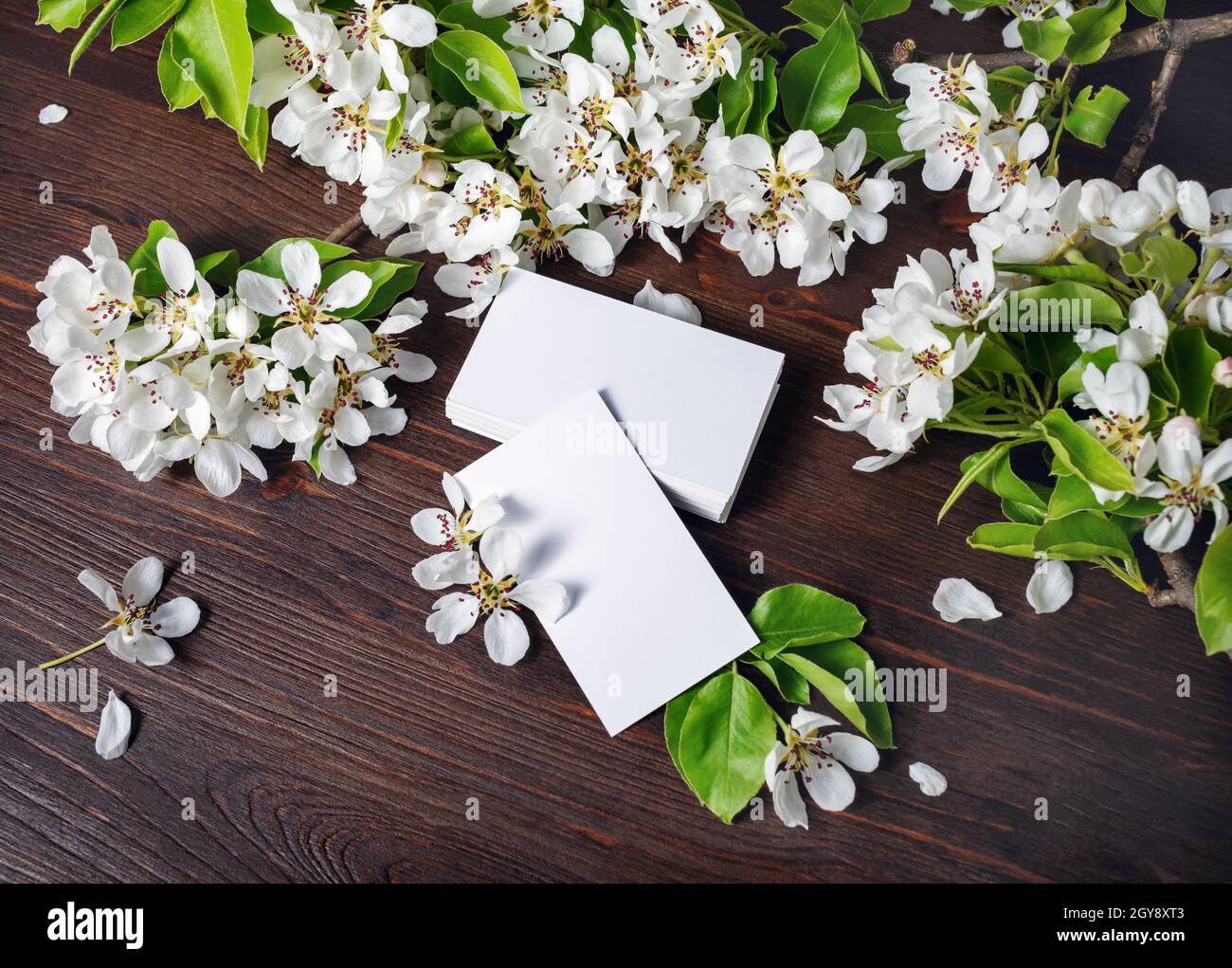 Biglietti da visita vuoti e fiori su sfondo di legno. Modello per ID. Foto Stock