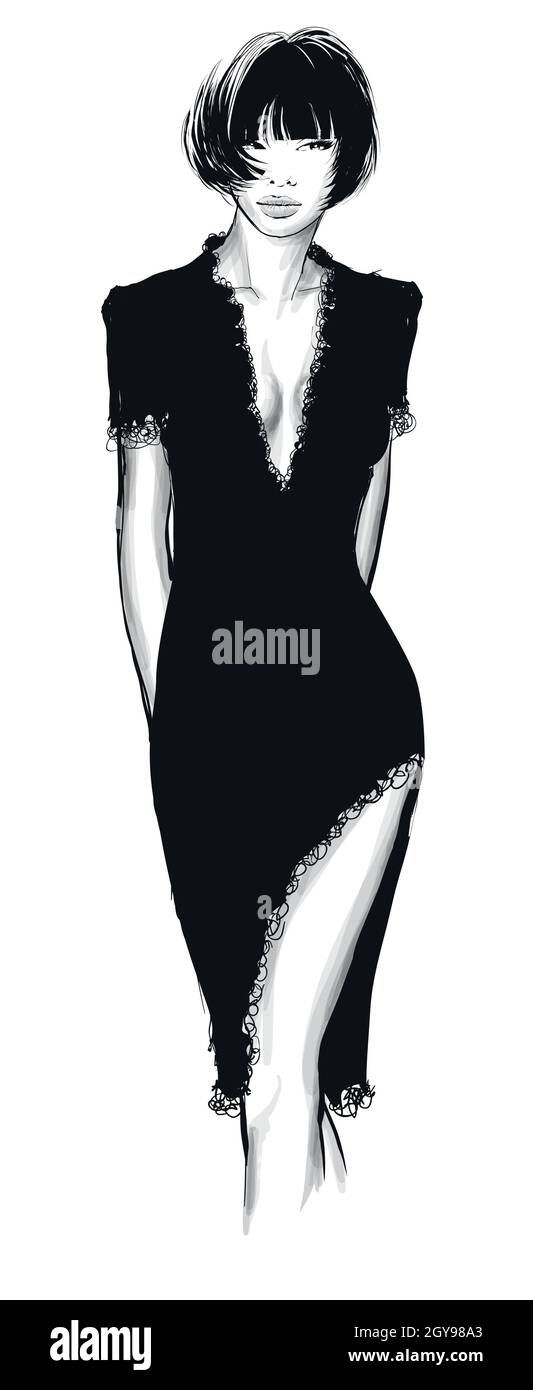 Moda donna modello in un abito nero sexy - illustrazione vettoriale Illustrazione Vettoriale