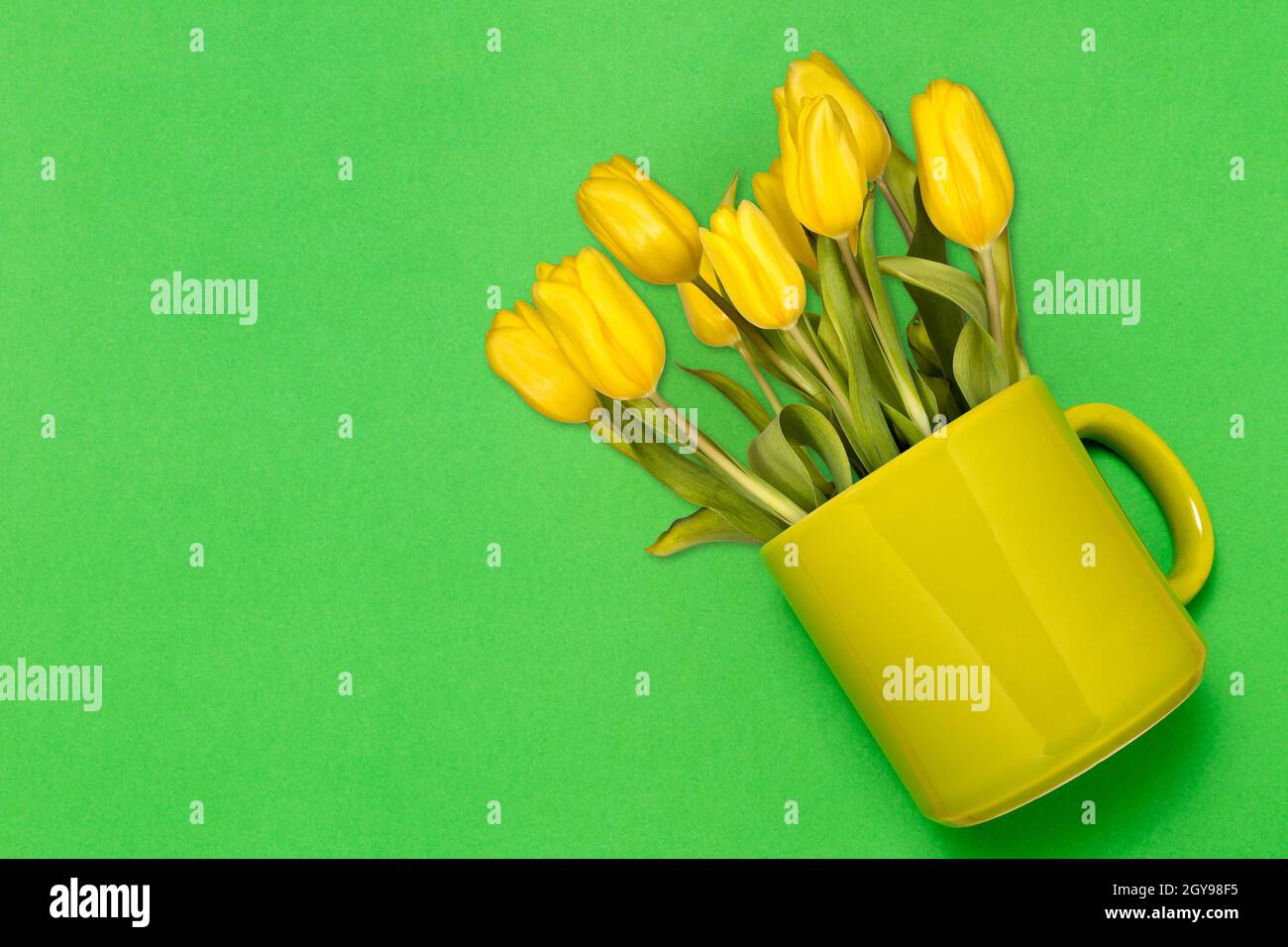 Layout creativo fatto di caffè o tazza da tè con il giallo tulipani su sfondo verde Foto Stock