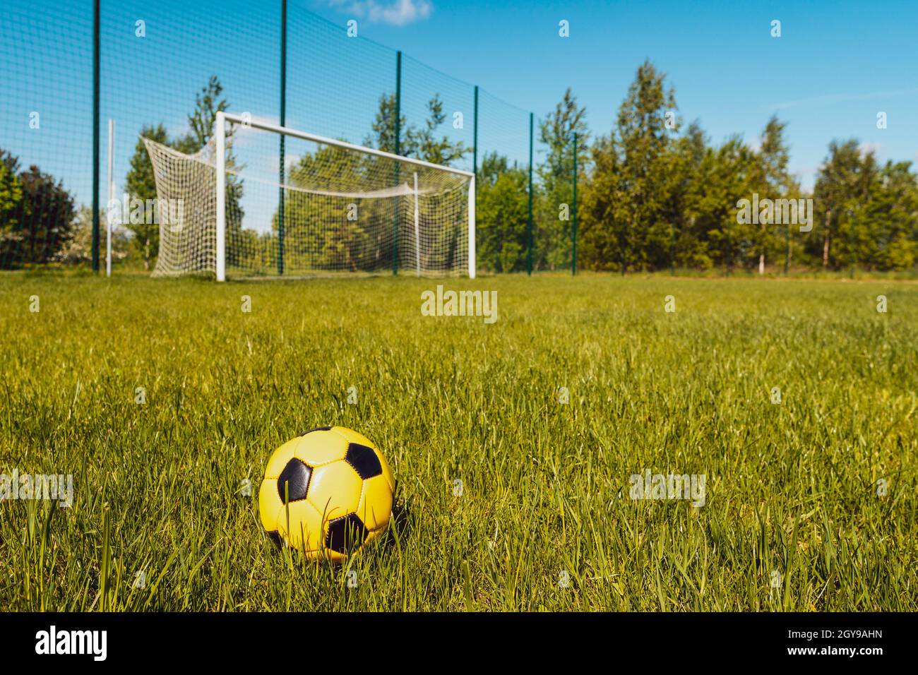 Palla sul campo di calcio con gli obiettivi di calcio sullo sfondo Foto Stock