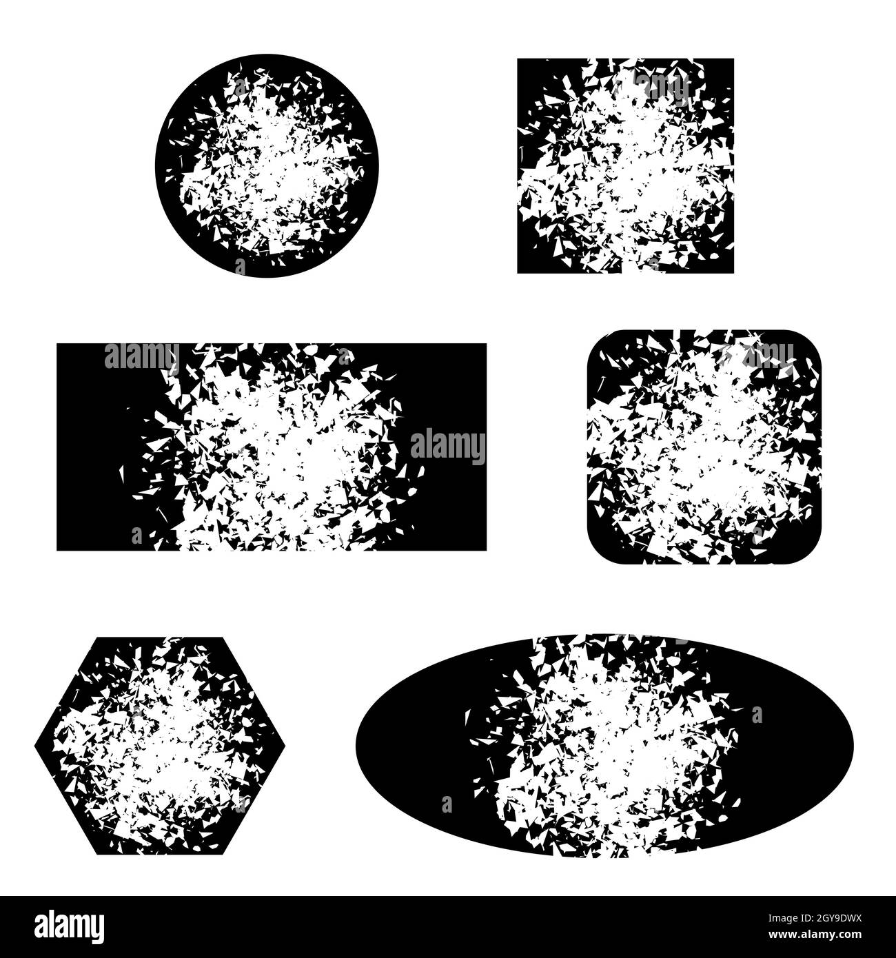 Forme di distruzione quadrate e a cerchio isolate su sfondo bianco. Set di striscioni. Foto Stock