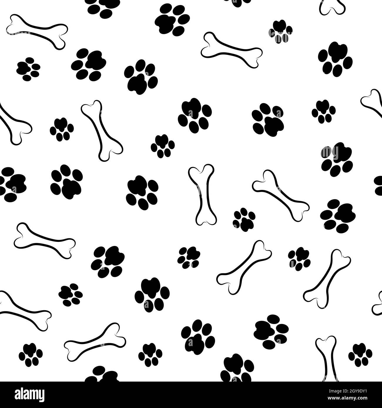 Dog Foot Print modello senza giunture su sfondo bianco. Trama di Paws animali. Foto Stock