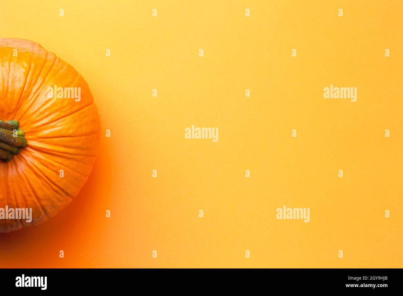 Arancio sfondo minimo con zucca autunnale. Spazio vuoto per il testo. Vista dall'alto Foto Stock