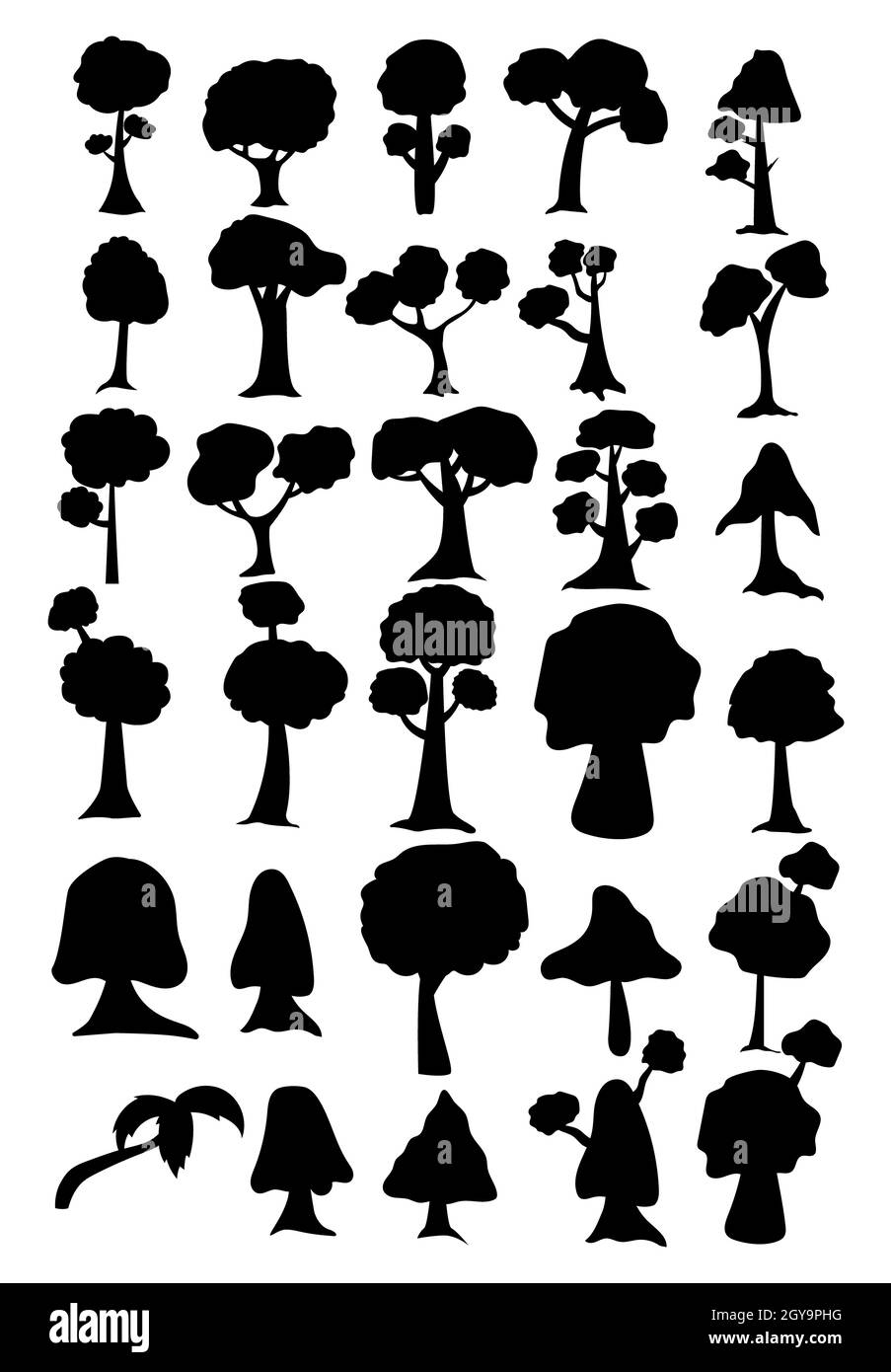 Sagome nere di alberi di diverse zone climatiche su sfondo bianco - illustrazione vettoriale Foto Stock