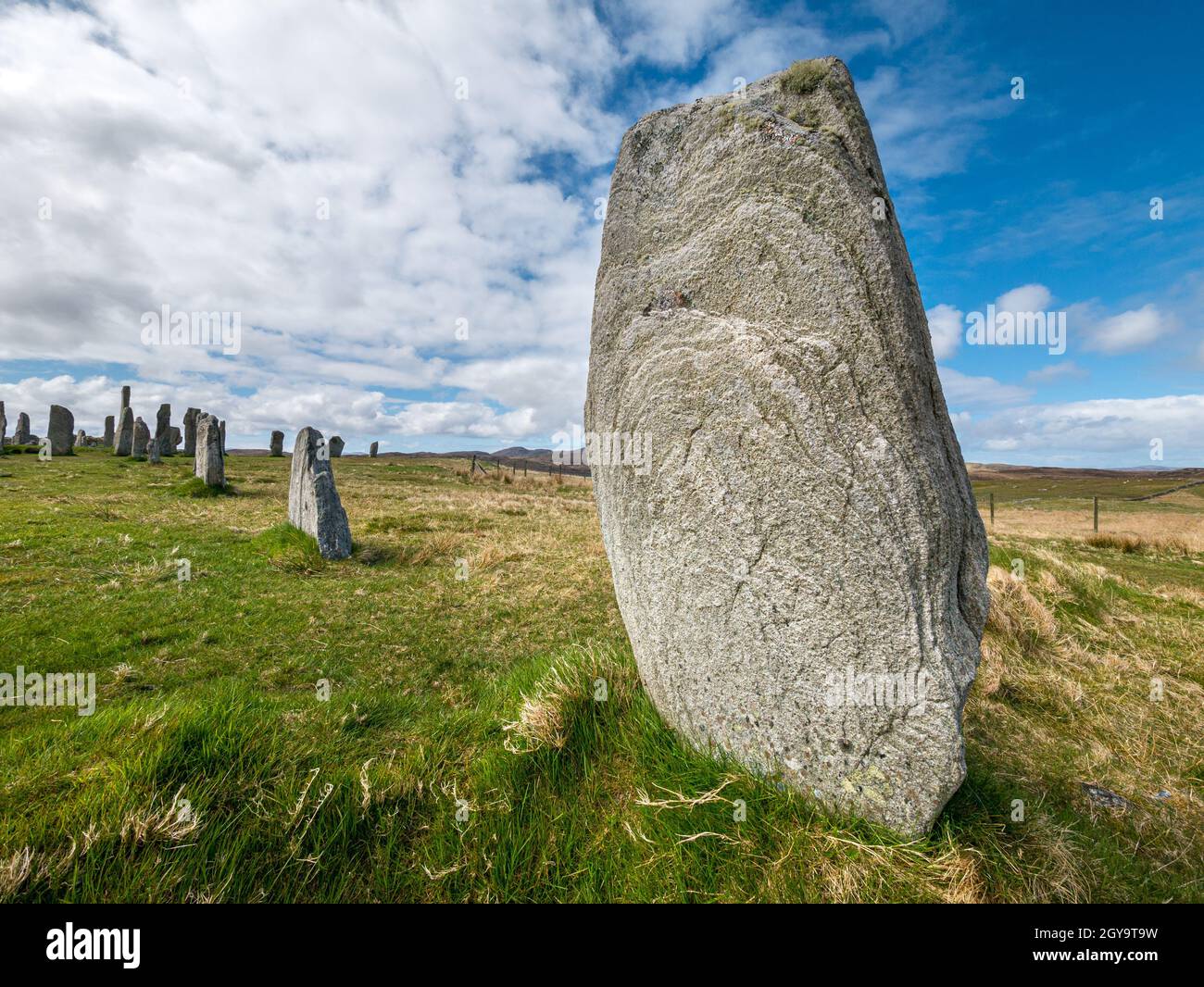 Calanais pietre in piedi monumento neolitico, Callanish, Isola di Lewis, Scozia, Regno Unito Foto Stock