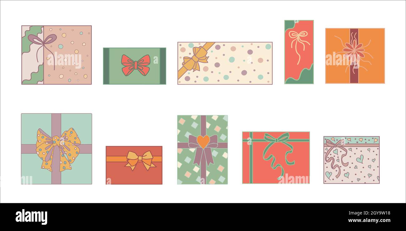 Set o collezione carino scatole regalo colorate vista dall'alto disegnate a mano in stile doodle. Confezione regalo per Natale o per compleanni e feste e anniversari Illustrazione Vettoriale