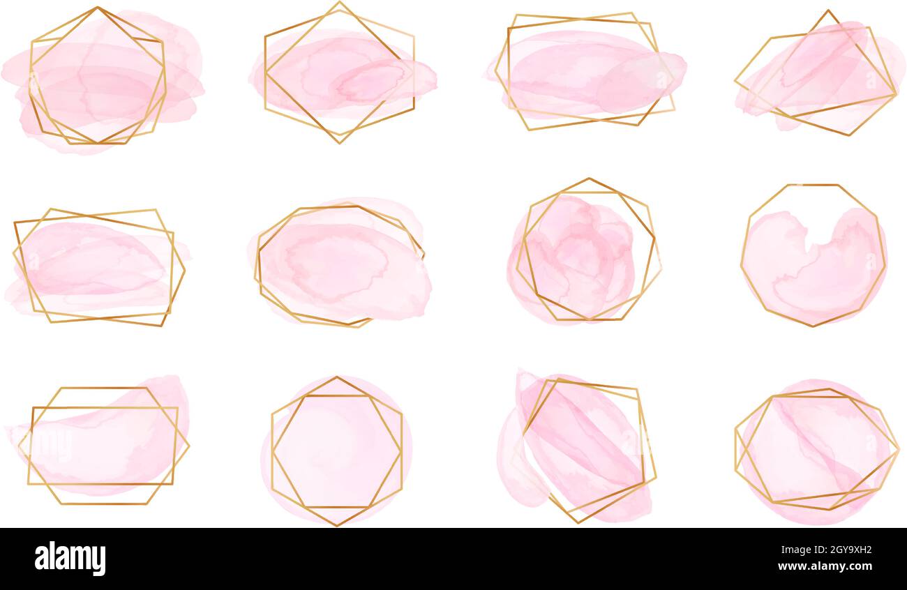 Pennellate rosa ad acquerello con cornici geometriche in oro. Etichette color rosa pastello con forme poligonali astratte, elegante set vettoriale logo moda. Bordi dorati lucidi con macchie o schizzi per il matrimonio Illustrazione Vettoriale