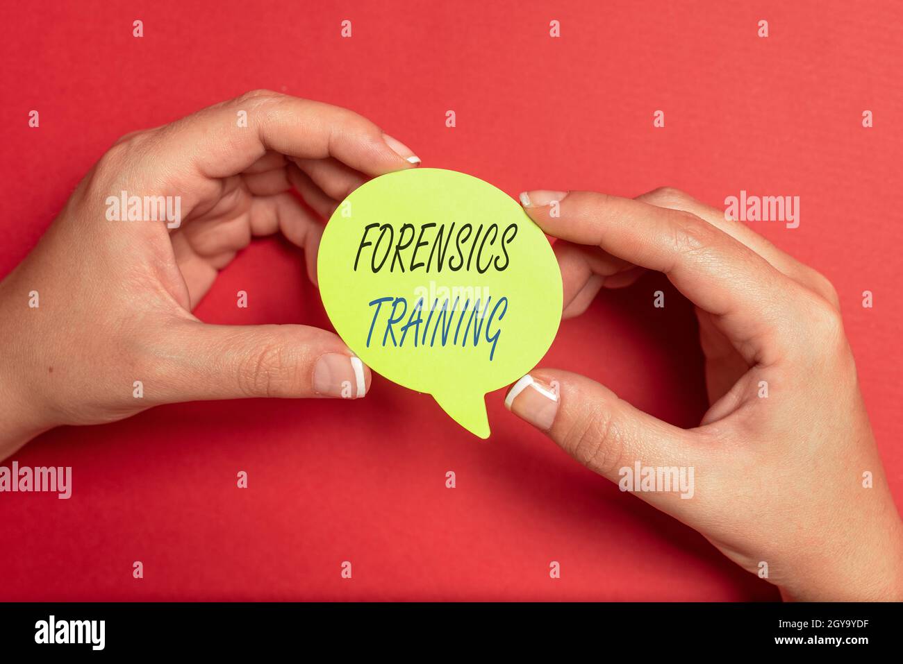 Testo manoscritto Forensics Training, Business Approach metodi e processi scientifici per risolvere i crimini Brainstorming problemi e soluzioni chiedendo Foto Stock