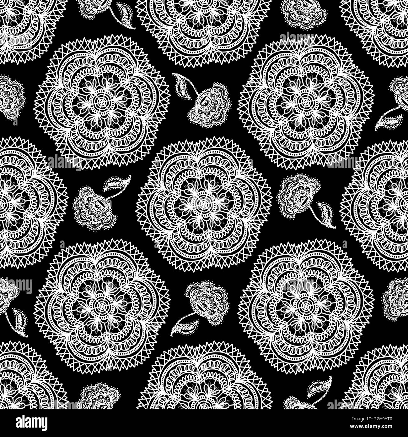 modello di merletto. Modello Mandala. Motivo senza cuciture con lacci. Tovagliolo in maglia. Motivo retrò. Carta digitale in stile vintage. Illustrazione Vettoriale