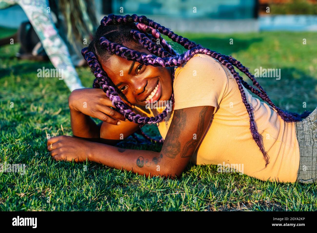 ragazza nera con trecce in posa in un parco Foto Stock