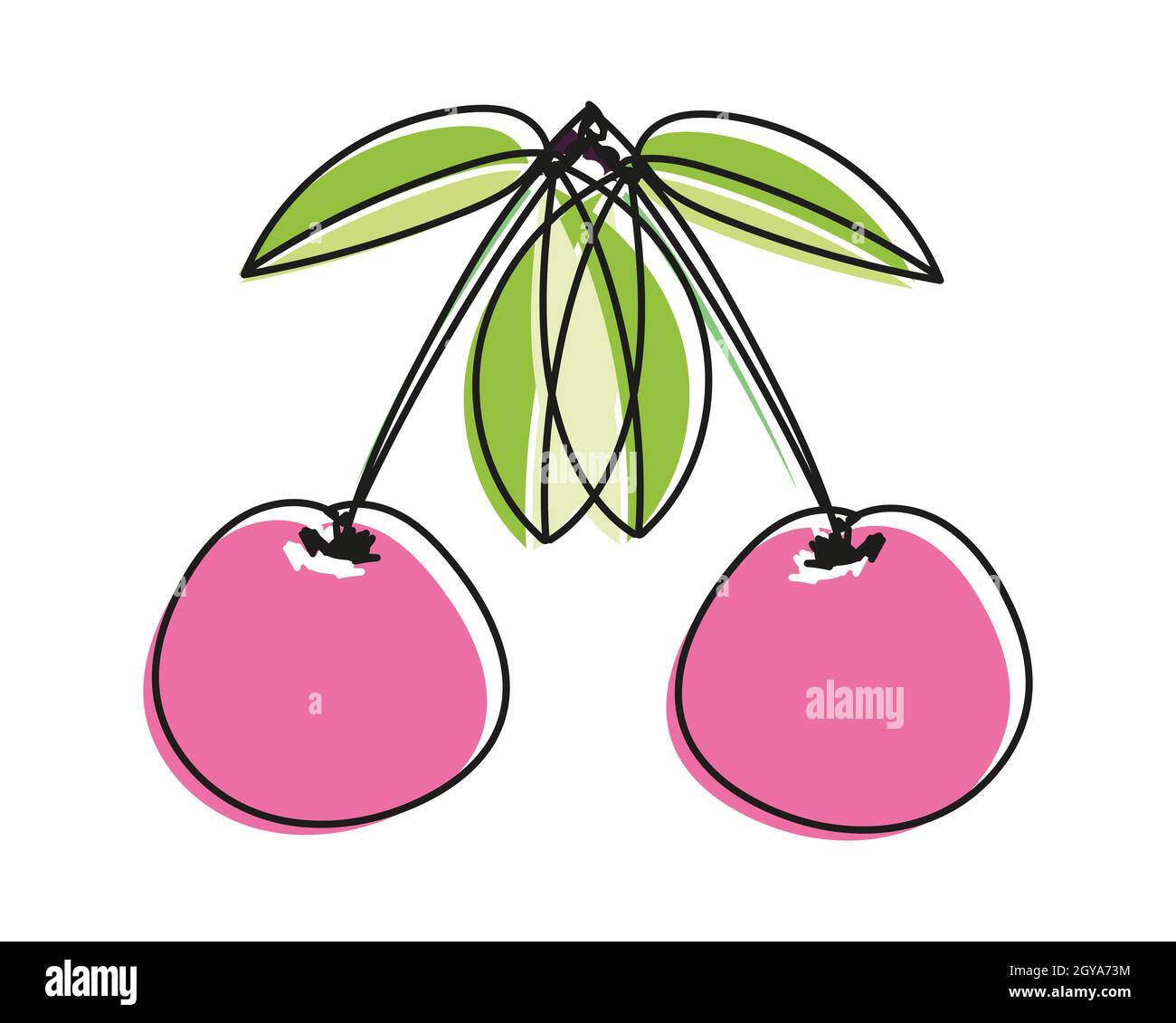Illustrazione vettoriale di un paio di ciliegie o ciliegie dolci in stile doodle. Disegno con contorno di offset. Illustrazione Vettoriale