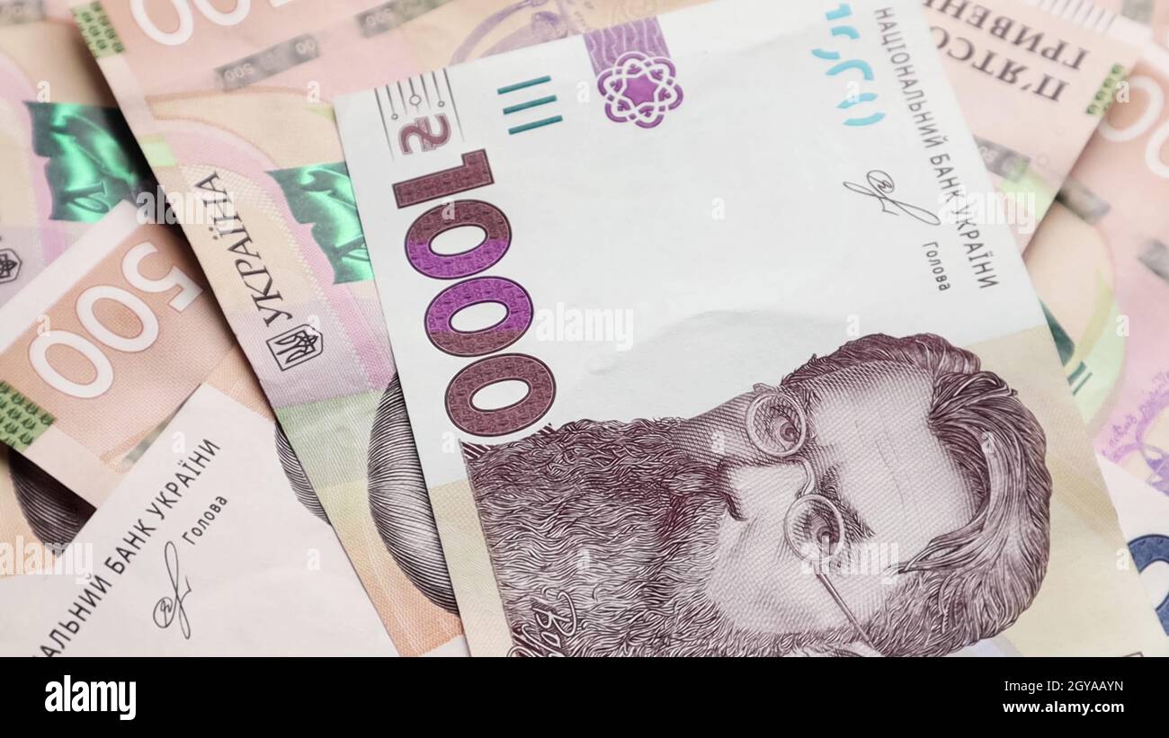 Una fattura cartacea di 1000 hryvnia. Ritratto di Vladimir Ivanovich Vernadsky sulla banconota Ucraina. Denaro ucraino. Soldi di fondo. Foto Stock