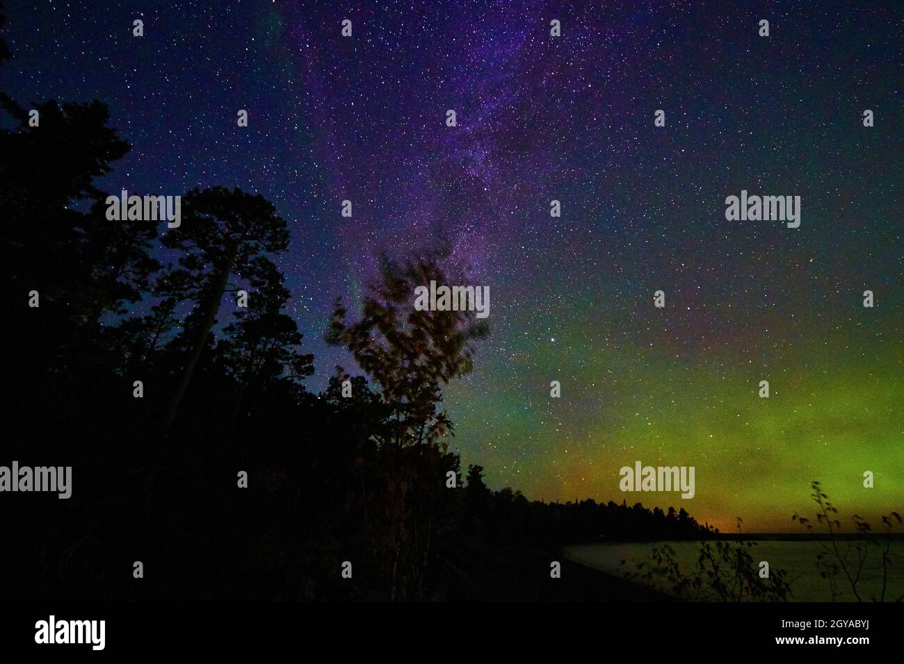 Cielo notturno blu e violetto con acqua e bagliore verde e arancione di luci aurore con silhouette di alberi Foto Stock