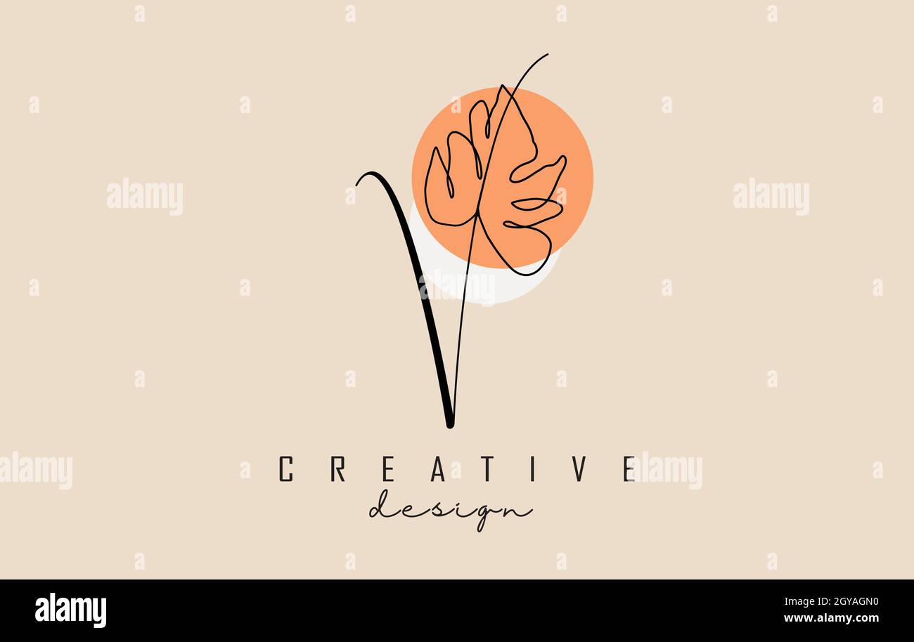 Design semplice ed elegante con logo a V scritto a mano con foglia Monstera sfilacciata a una linea e illustrazione vettoriale a due cerchi. Creativo e minimalista Illustrazione Vettoriale