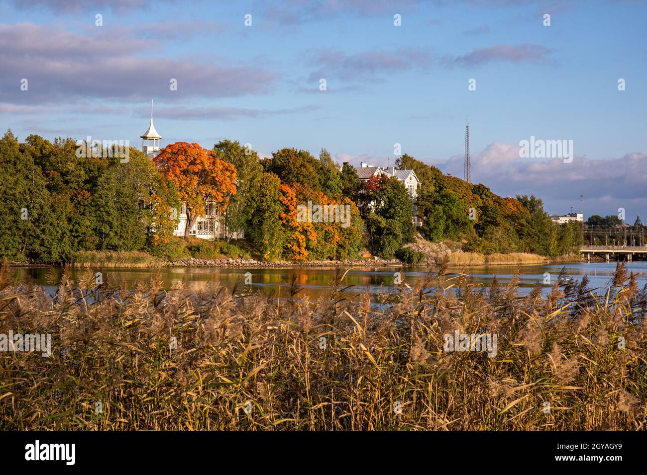 Baia di Töölönlahti e Linnunlaulu nei colori autunnali a Helsinki, Finlandia Foto Stock