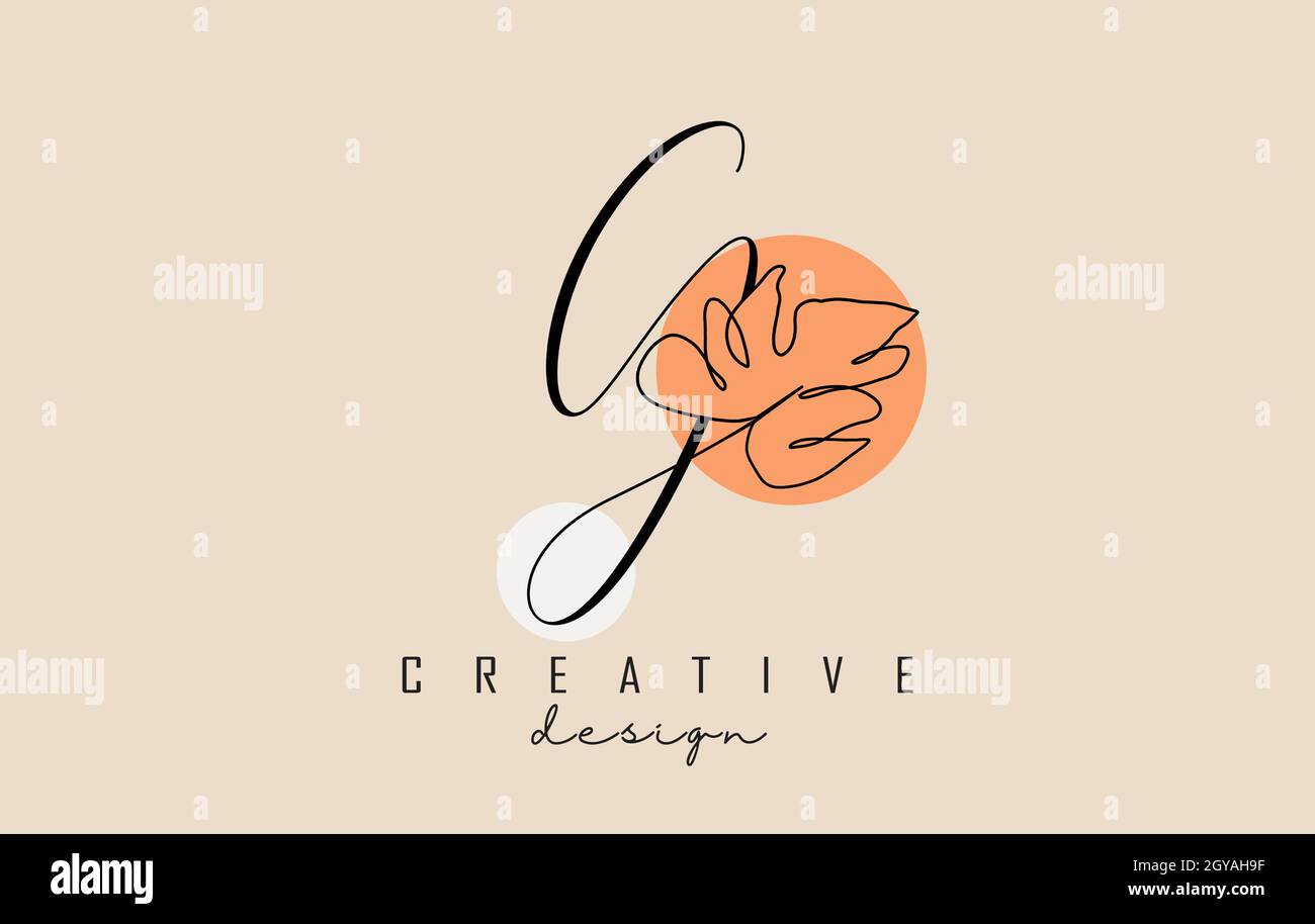 Design semplice ed elegante con logo lettera G scritto a mano con foglia Monstera sfilacciata a una linea e illustrazione vettoriale a due cerchi. Creativo e minimalista Illustrazione Vettoriale