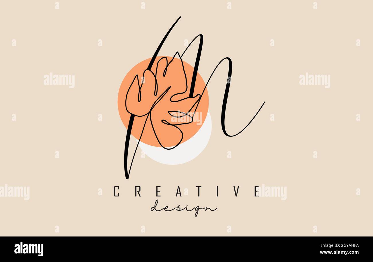 Design semplice ed elegante con logo M letter manoscritto, con sfilacciatura a una linea e disegno vettoriale a due cerchi. Creativo e minimalista Illustrazione Vettoriale