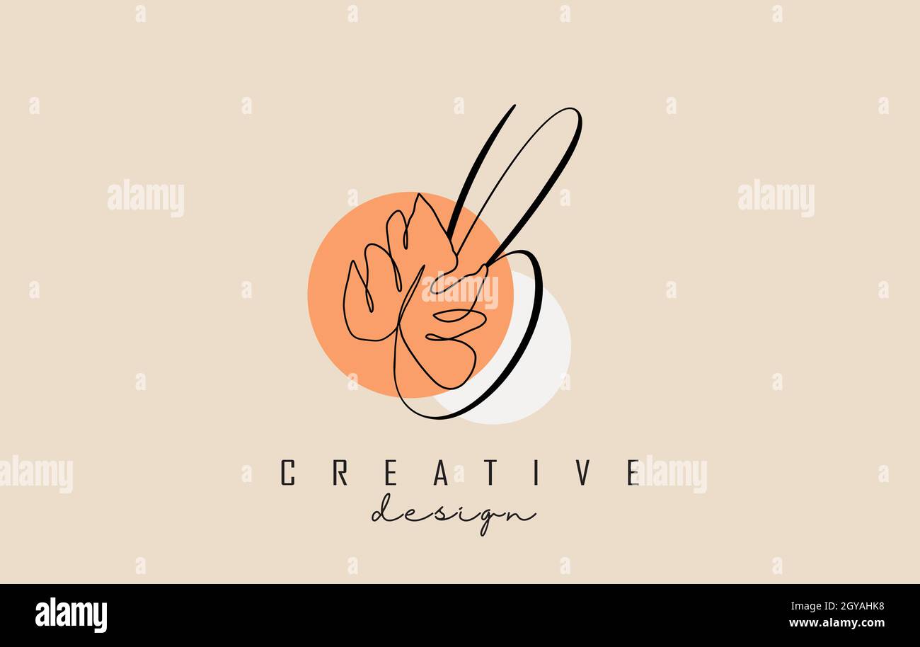 Design semplice ed elegante con logo a lettera B scritto a mano con foglia Monstera sfilacciata a una linea e illustrazione vettoriale a due cerchi. Creativo e minimalista Illustrazione Vettoriale