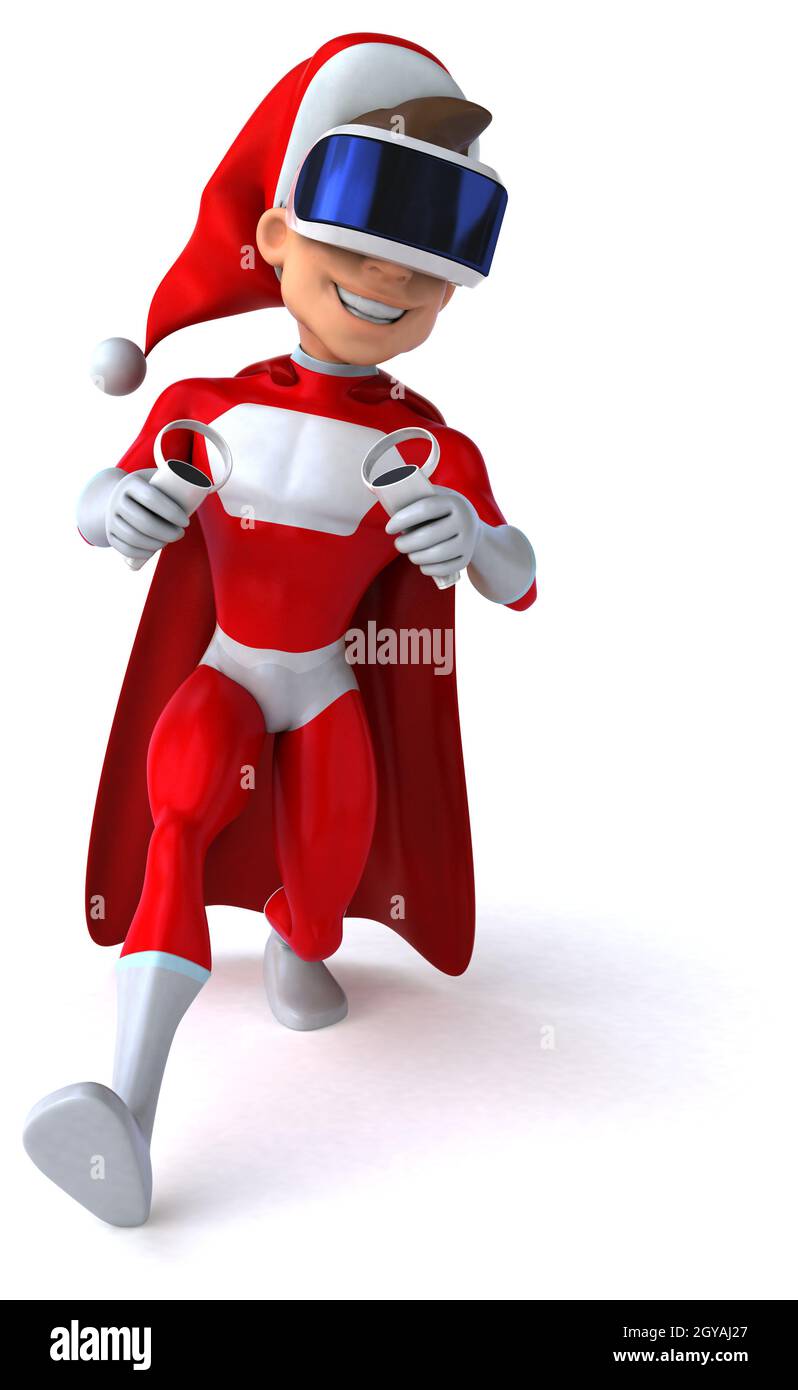 Divertente illustrazione 3D di un super Babbo Natale con un Casco VR Foto Stock