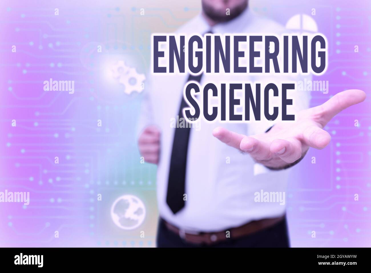 Cartello di testo che mostra Engineering Science, Business Concept trattare con fisica e matematica base di ingegneria Gentelman Uniform Standing Holding NE Foto Stock