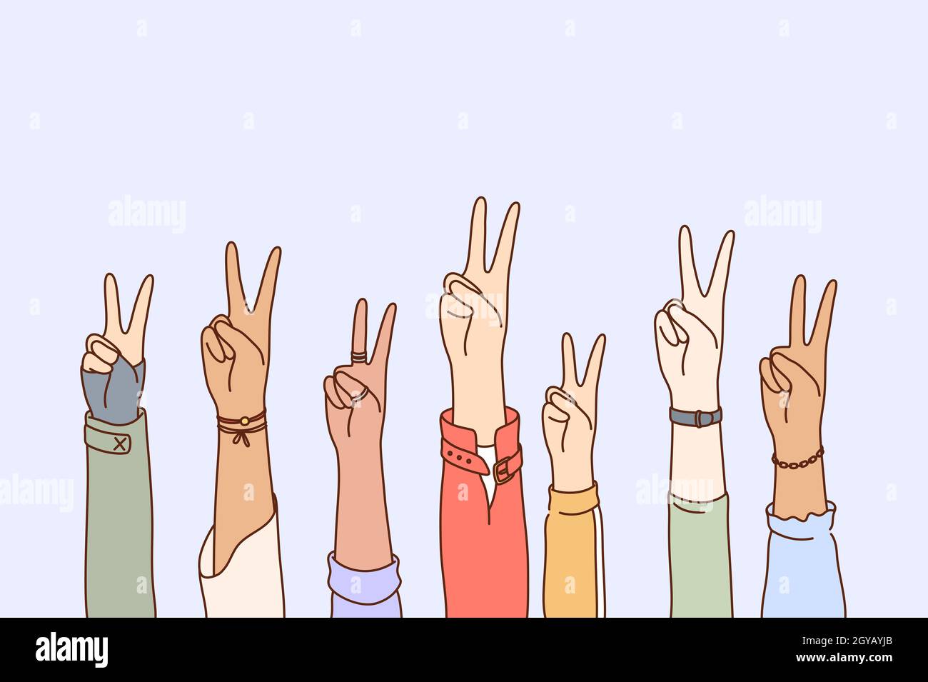 Pace, protesta, pacifismo, insieme di concetto di multietnia. Raccolta di personaggi umani maschi fumetti mani che alzano due dita o segno pacifico in Foto Stock