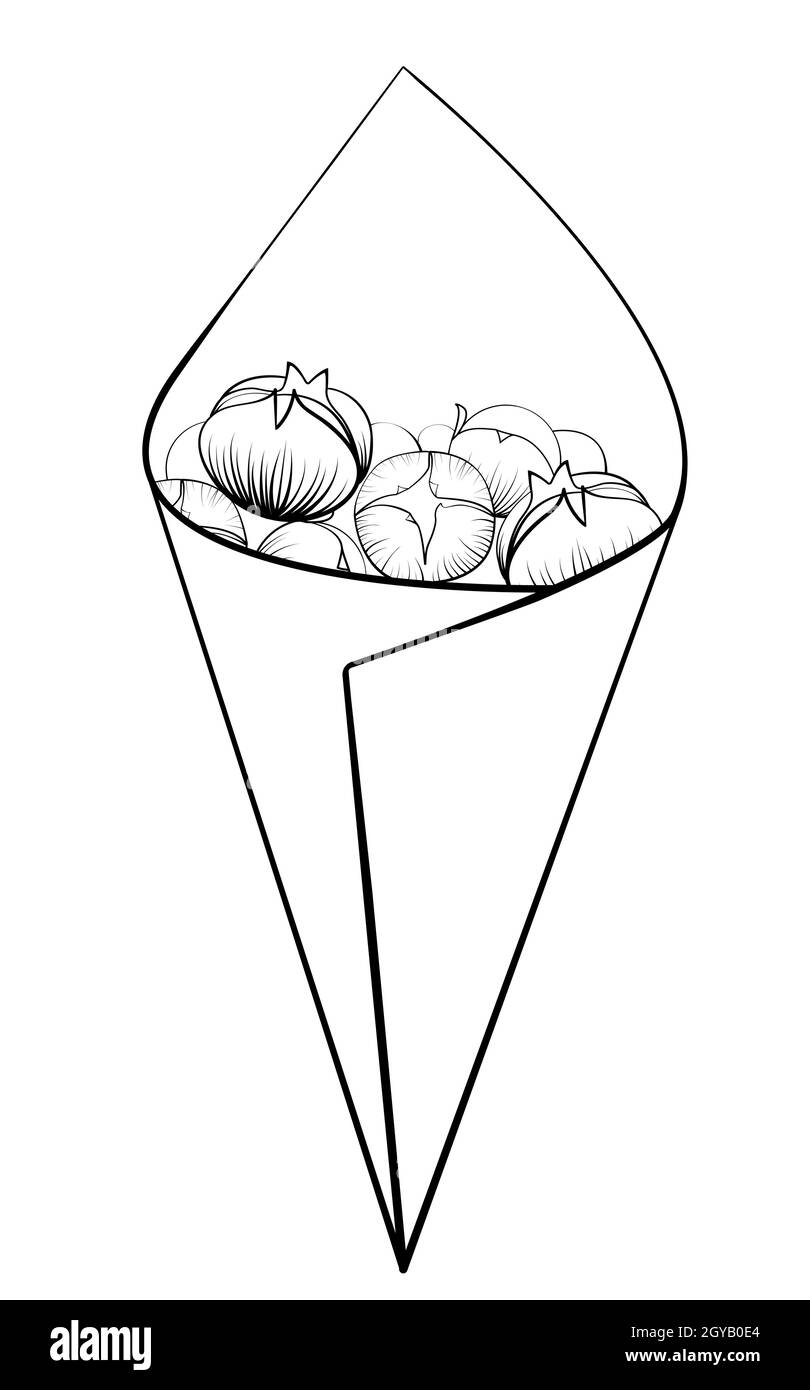 Castagne arrosto in sacchetto di carta nero linea immagine vettoriale monocromatica isolato su bianco. Illustrazione Vettoriale