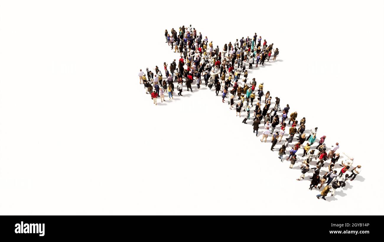 Concetto o grande comunità concettuale di persone che formano l'immagine di una croce cristiana religiosa. Una metafora di illustrazione 3d per Dio, Cristo Foto Stock