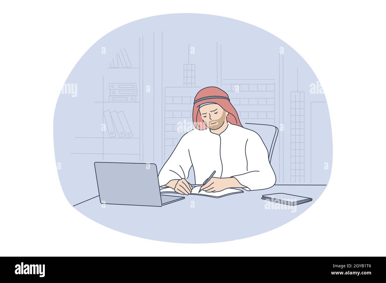 Persone arabe che lavorano in ufficio concetto. Giovane frustrato ha sollecitato il personaggio di cartone animato musulmano saudita seduto in ufficio con un computer portatile e di lavoro Foto Stock
