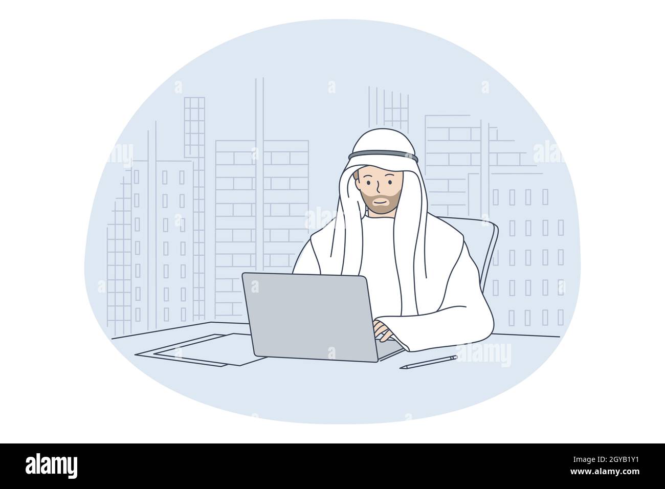 Persone arabe che lavorano in ufficio concetto. Giovane uomo d'affari musulmano saudita positivo personaggio cartone animato seduto in ufficio con un portatile e di lavoro online su p Foto Stock