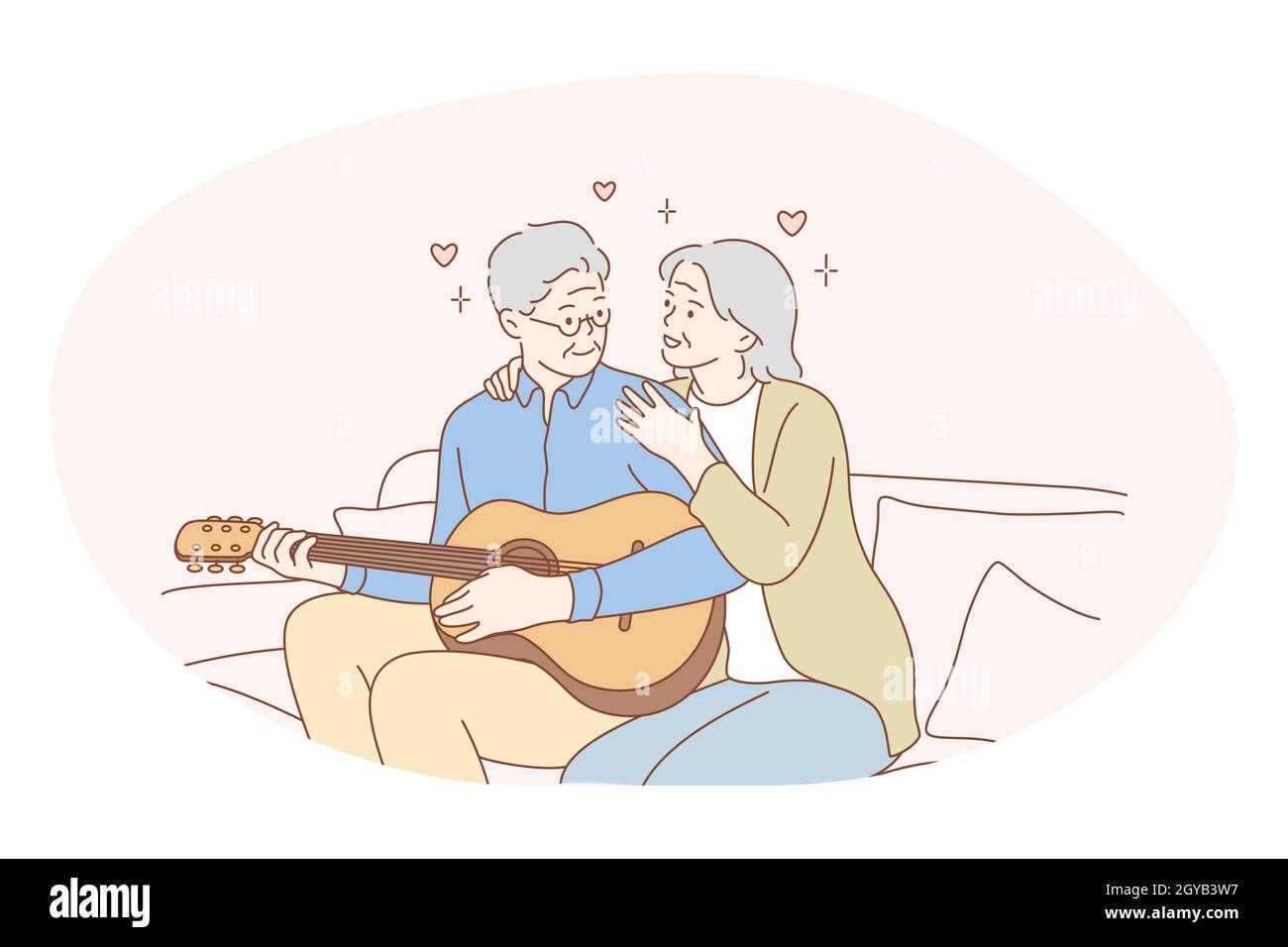 Concetto di vita attiva felice di coppia anziana. Felice coppia matura amorevole pensionati donna e uomo seduto, suonare la chitarra e sentire l Foto Stock