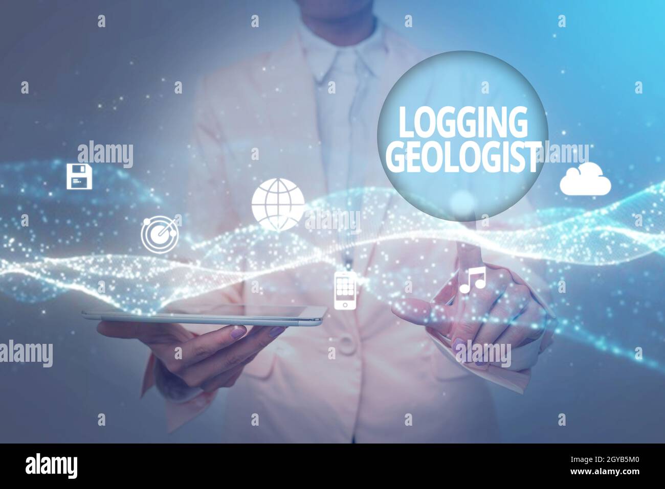 Visualizzazione concettuale Logging Geologist, Business Concept Layout ed esecuzione di definizione Diamond drill programs Lady in Uniform Holding Tablet in Han Foto Stock