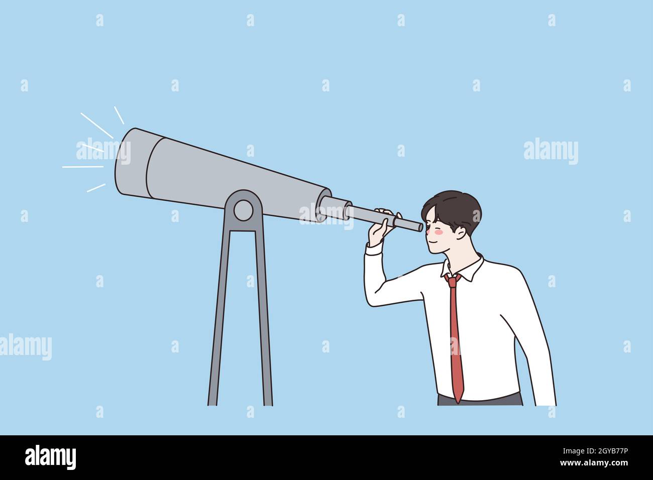 Concetto aziendale, monitoraggio tramite il concetto di binocolo. Giovane imprenditore in piedi guardando alle opportunità future illustrazione vettoriale Foto Stock