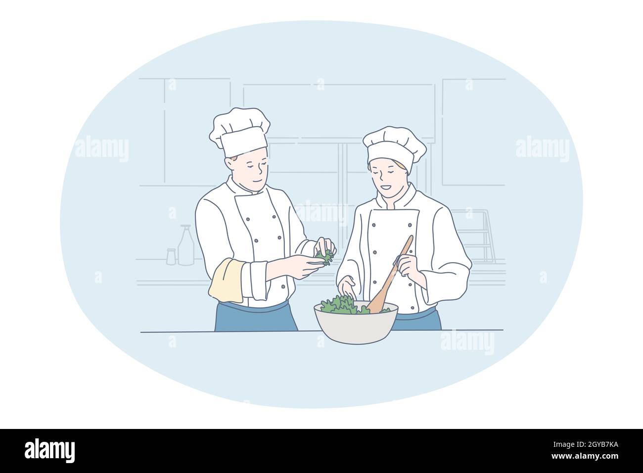 Cucina, chef professionale, concetto di ristorante. Giovane uomo e donna cuochi professionisti in grembiuli e cappelli cucinare insalata sana o piatto insieme in ki Foto Stock