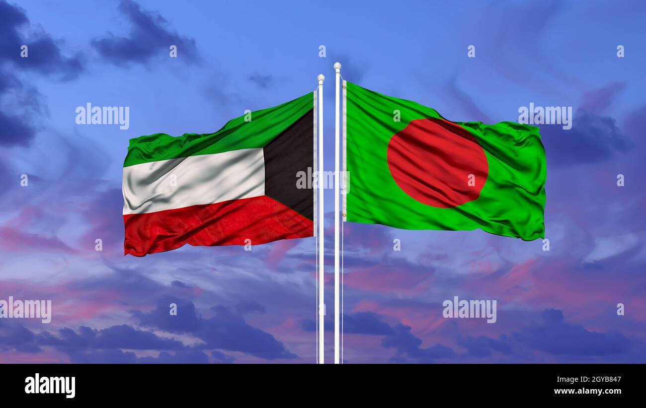 Kuwait e Bangladesh due bandiere su paletti e cielo blu Foto Stock