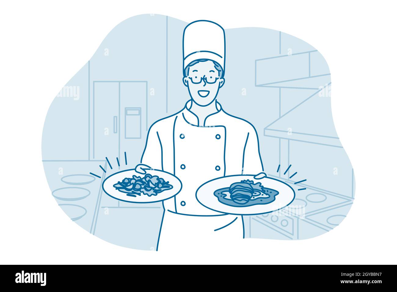 Cucina, chef professionale, concetto di ristorante. Giovane professionista cuoco in grembiule e cappello in piedi e tenendo piatti cotti per servire in mani. Foto Stock