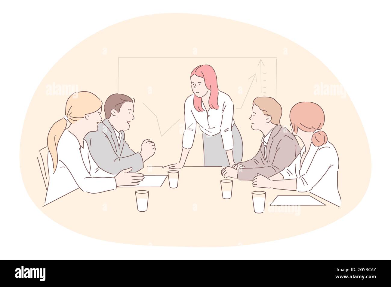 Meeting, lavoro di squadra, analisi, cooperazione, business concept. Team di uomini d'affari donne manager partner colleghi collaborare a discutere progetto in o Foto Stock
