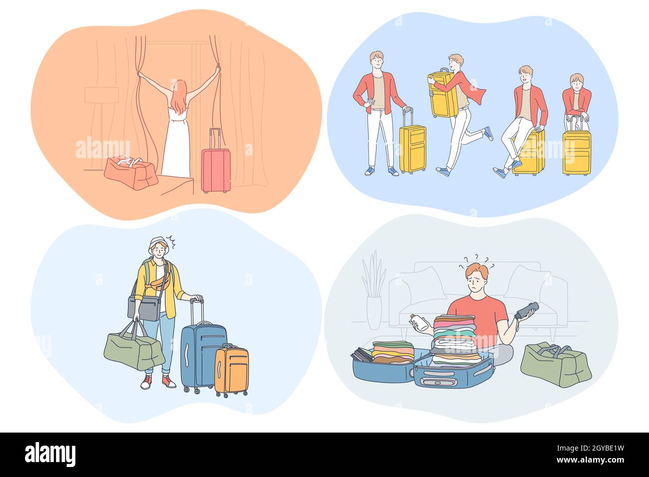 Viaggiare con bagagli, vacanze e viaggi con valigie concetto. Giovani viaggiatori turisti in volo, in viaggio, in arrivo in luoghi con borsa Foto Stock