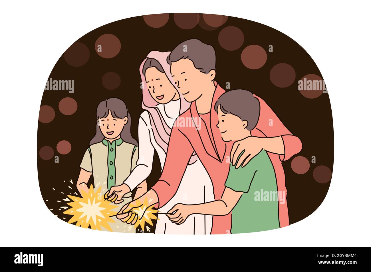Deepavali indiani e Natale concetto di vacanza. Felice famiglia indiana padre madre e bambini in abiti tradizionali colorati in piedi e bruciando Foto Stock
