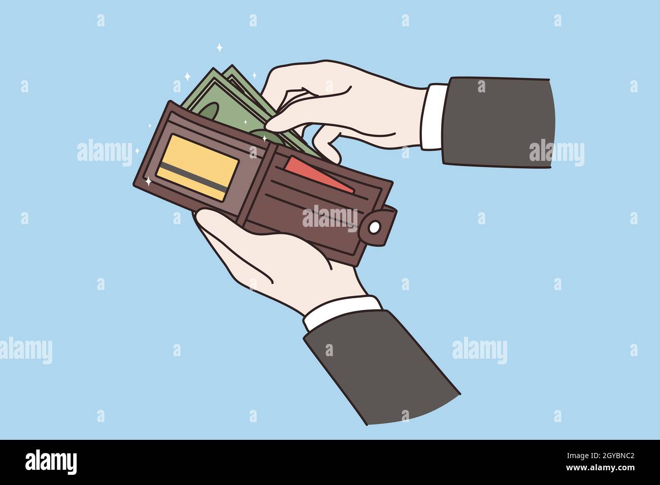 Portafoglio con soldi di concetto di uomo d'affari. Mani di lavoratore di affari portafoglio di tenuta con mucchio di denaro contante valuta illustrazione vettore Foto Stock