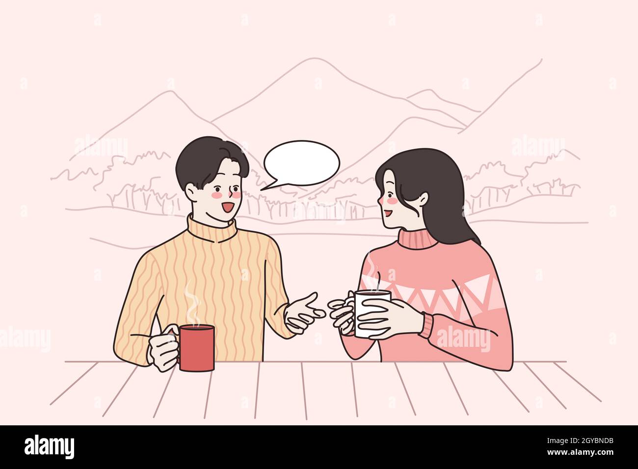 Attività ricreative invernali e concetto di comunicazione. Giovane coppia felice uomo e donna personaggi cartoon seduti bere caffè chiacchierando durante la neve Foto Stock