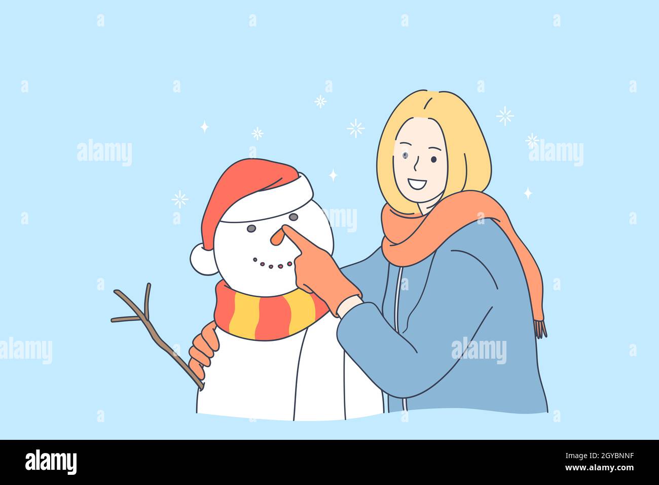 Godetevi l'inverno e le attività all'aperto. Giovane donna sorridente cartoon personaggio facendo pupazzo di neve e godendo di inverno con neve all'aperto vecto Foto Stock